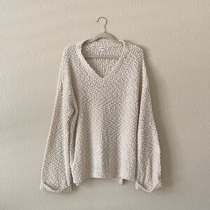 Macaron Cozy Oatmeal Cream Vneck Sweater Wide Sleeves Beach Coastal
